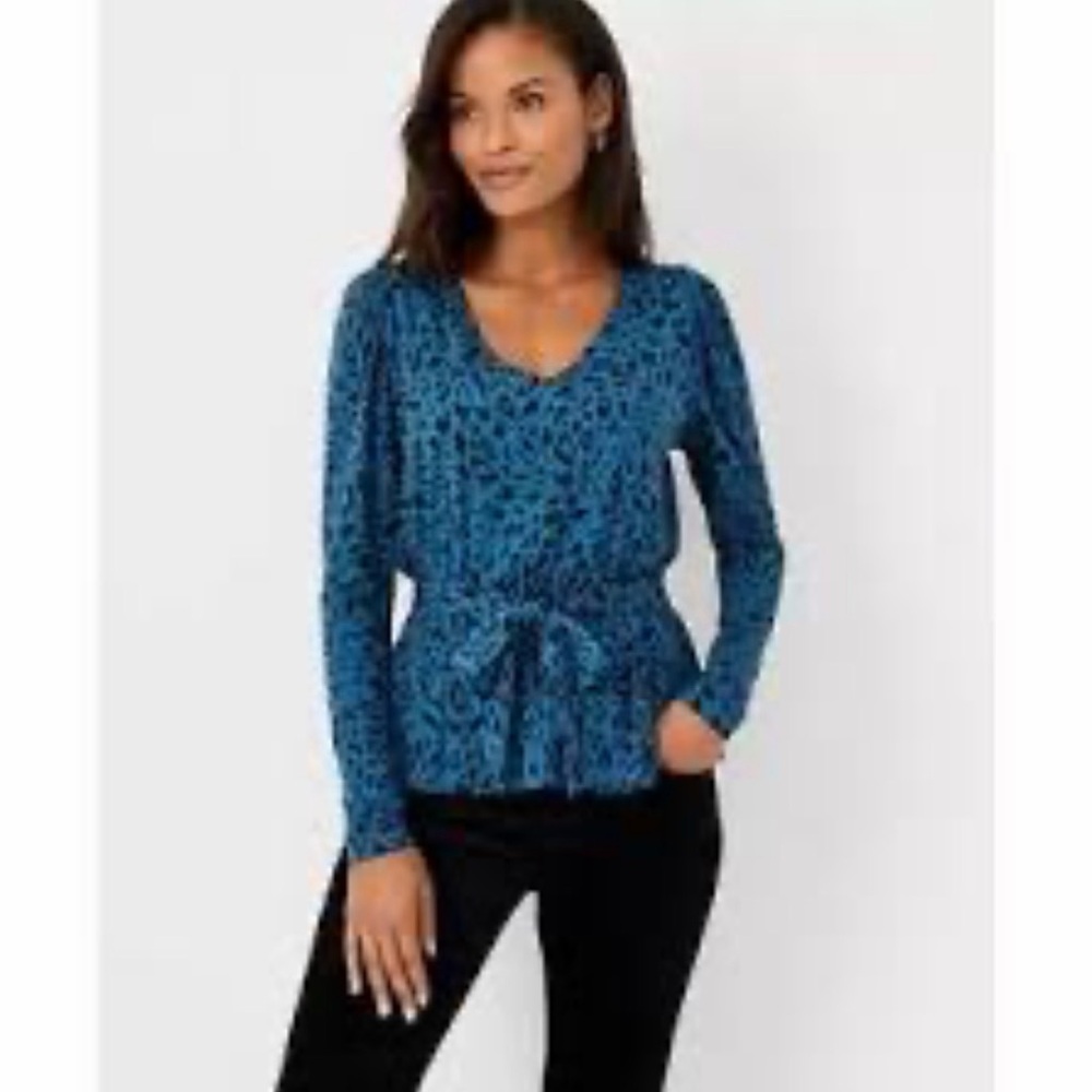 Ann Taylor Jersey Knit Animal Print Peplum Hem V-Neck Tunic in Blue and Black